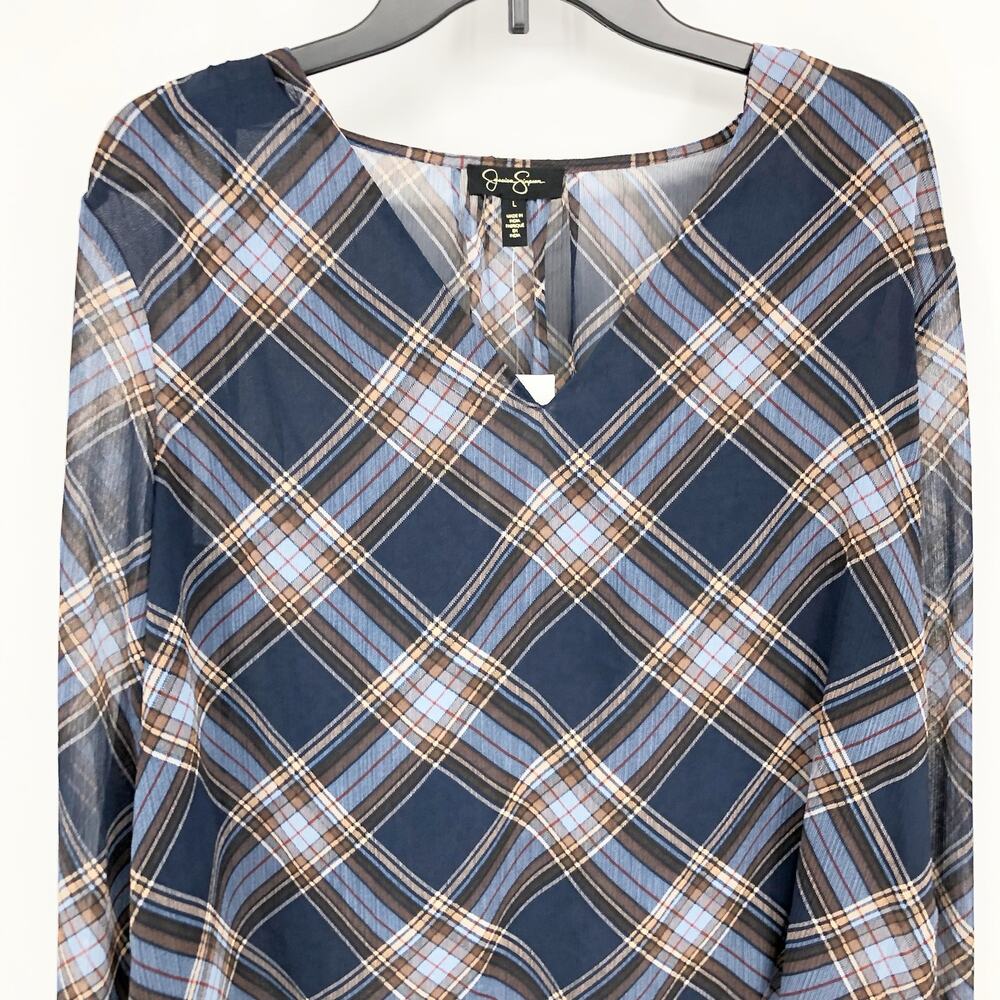 Jessica Simpson Womens Aurora Blouse Large Blue Plaid Long Sleeve V Neck NWT - Picture 4 of 11